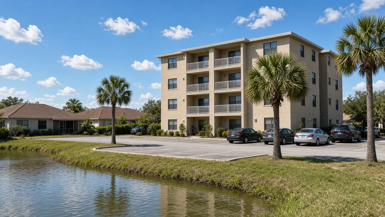 Representational late-morning photograph of a four-story stucco apartment building beside single-story houses and a retention pond — not a listed property