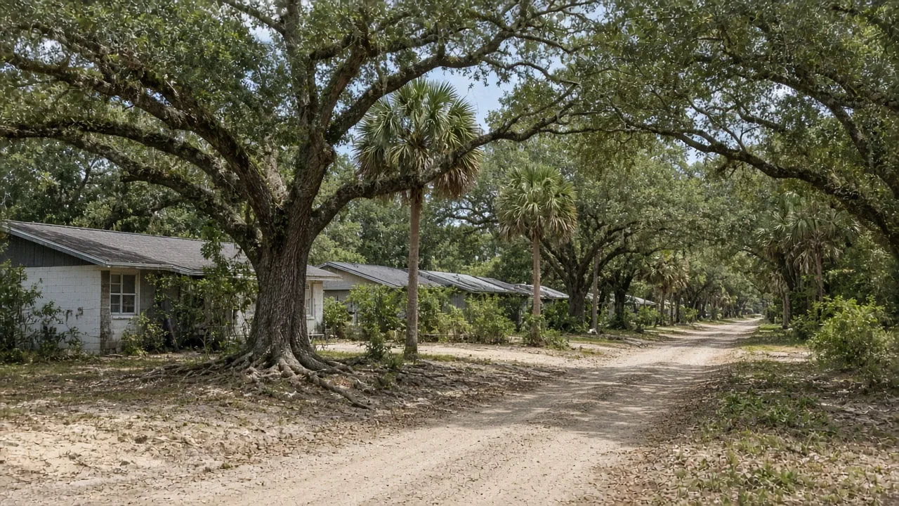 Representational midday photograph of modest single-story houses under live oaks on a sandy inland Florida lane — not a listed property
