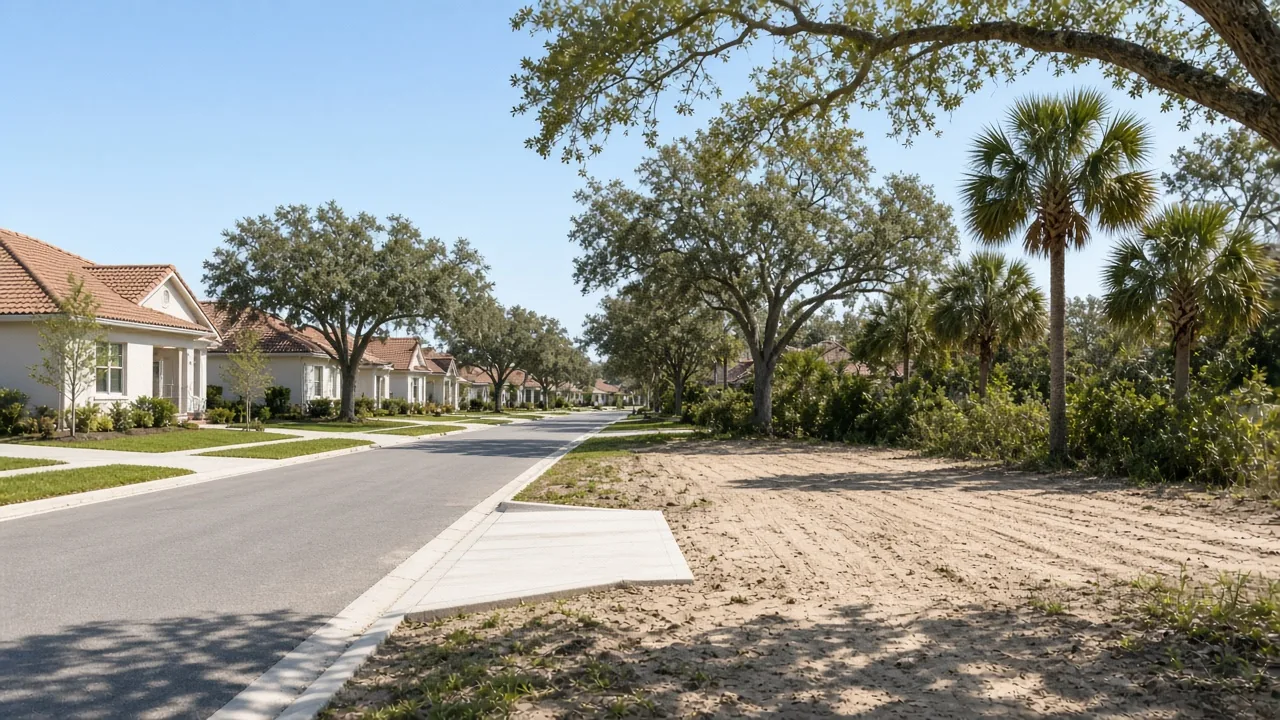 Representational morning photograph of a Florida street of single-story tile-roof houses beside an empty graded pad — not a listed property