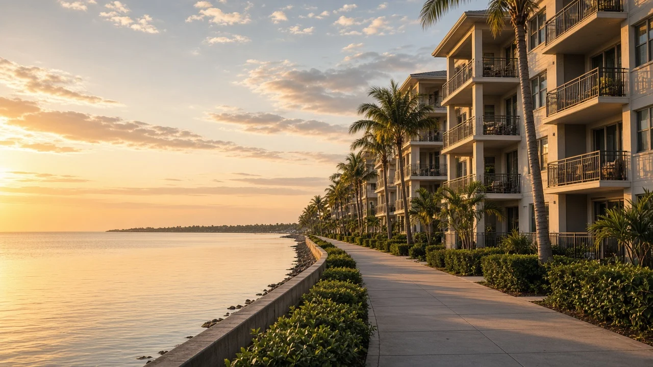 Representational photograph of Florida Gulf-coast condominium buildings with balconies, palms, and a waterfront walkway at golden hour