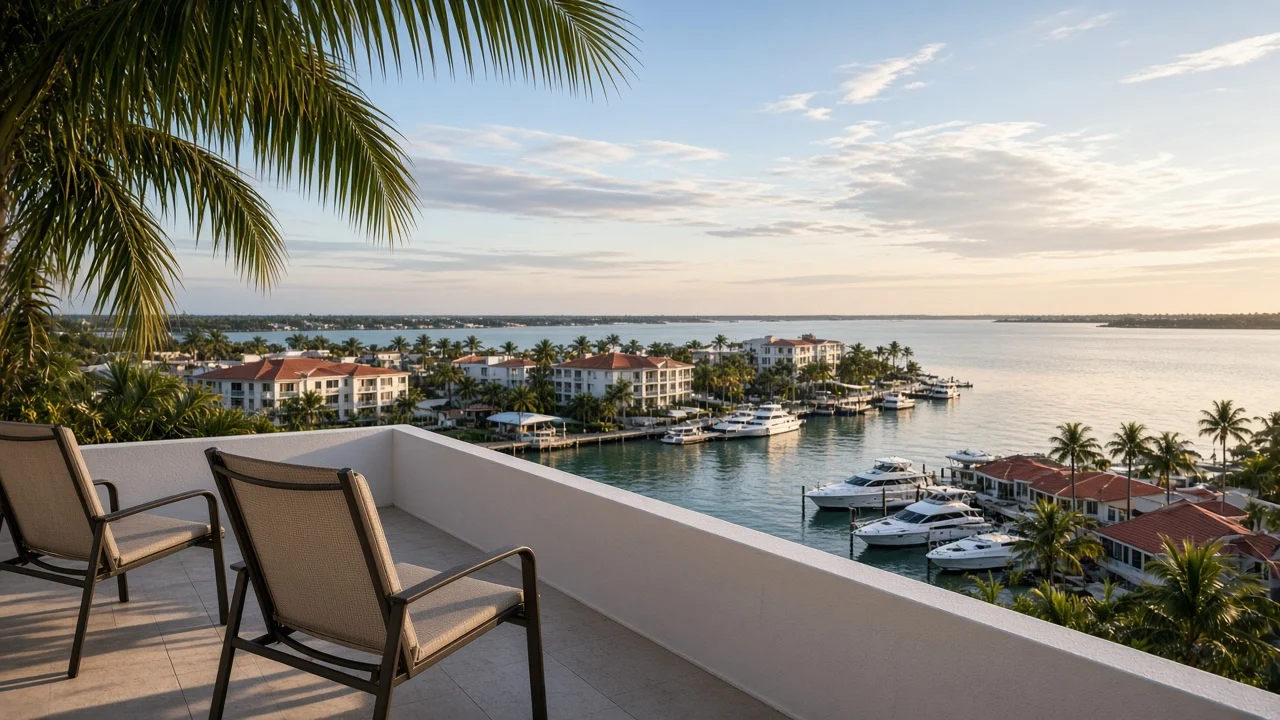 Representational photograph from a Florida condominium balcony over a quiet coastal marina in morning light