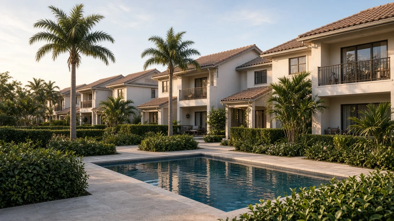 Representational photograph of low-rise Florida townhouse condominiums around a quiet courtyard pool in late afternoon light