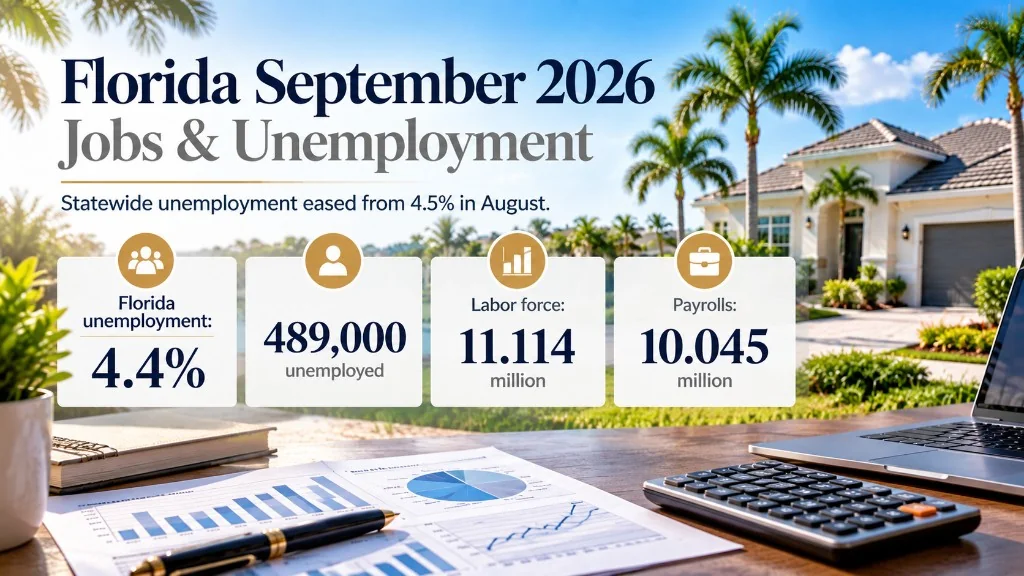 Florida September 2026 jobs graphic: unemployment 4.4 percent, 489,000 unemployed, labor force 11.114 million, payrolls 10.045 million.