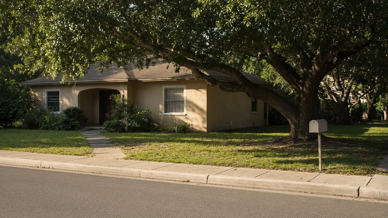Representational late-afternoon photograph of a Florida stucco house and a plain mailbox