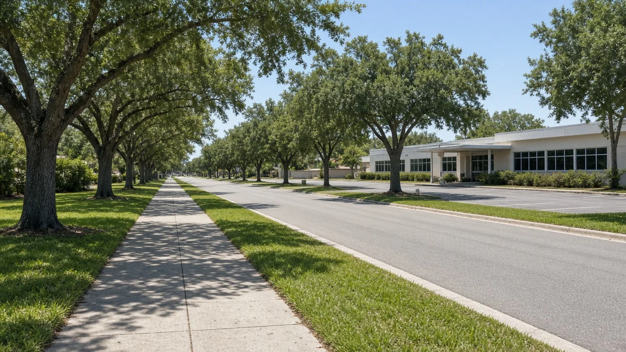 Representational midday photograph of a Florida residential street and a plain canopy building