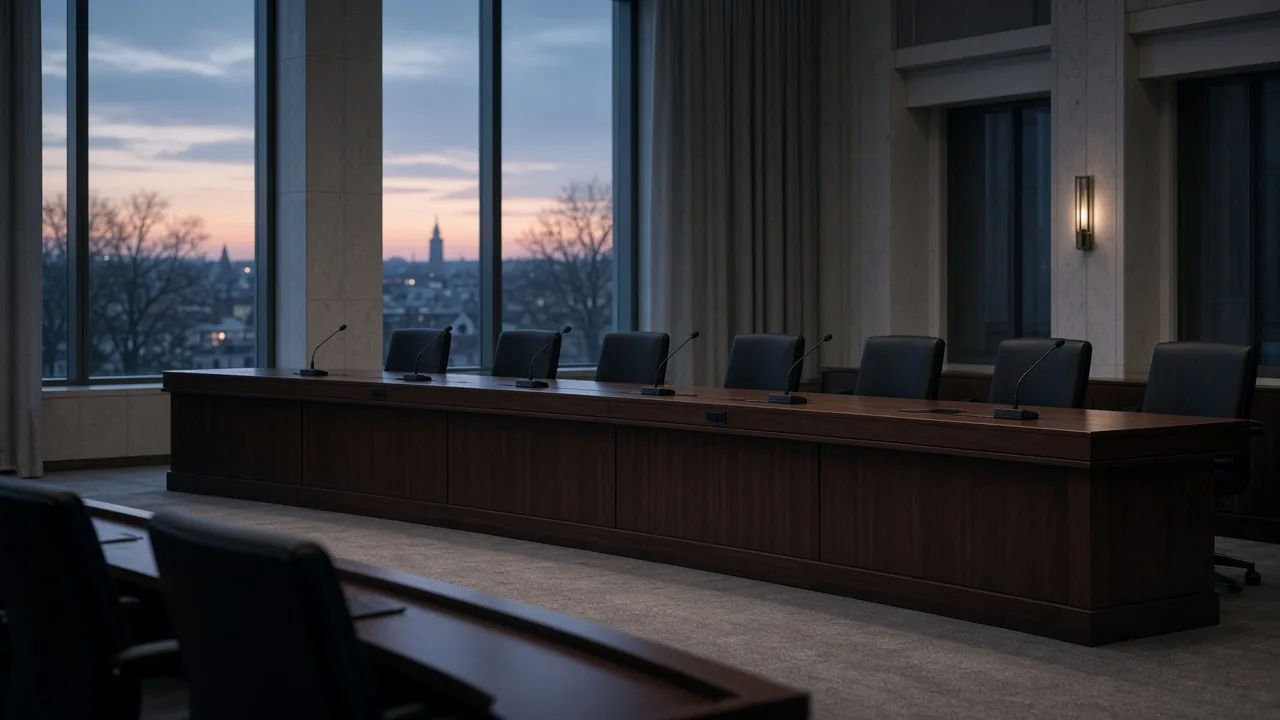 Representational twilight photograph of an empty civic hearing chamber with unlabeled microphones — not a photograph of a specific institution