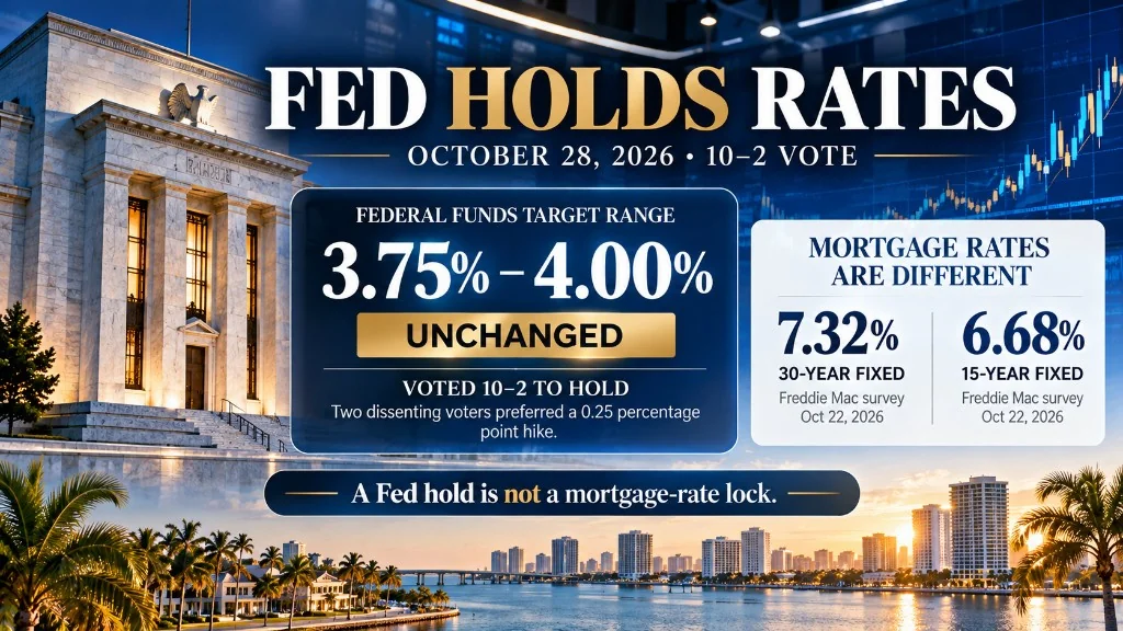 Fed holds rates October 28 2026: 10–2 vote keeps federal funds at 3.75 to 4.00 percent; Freddie Mac 30-year 7.32 percent.