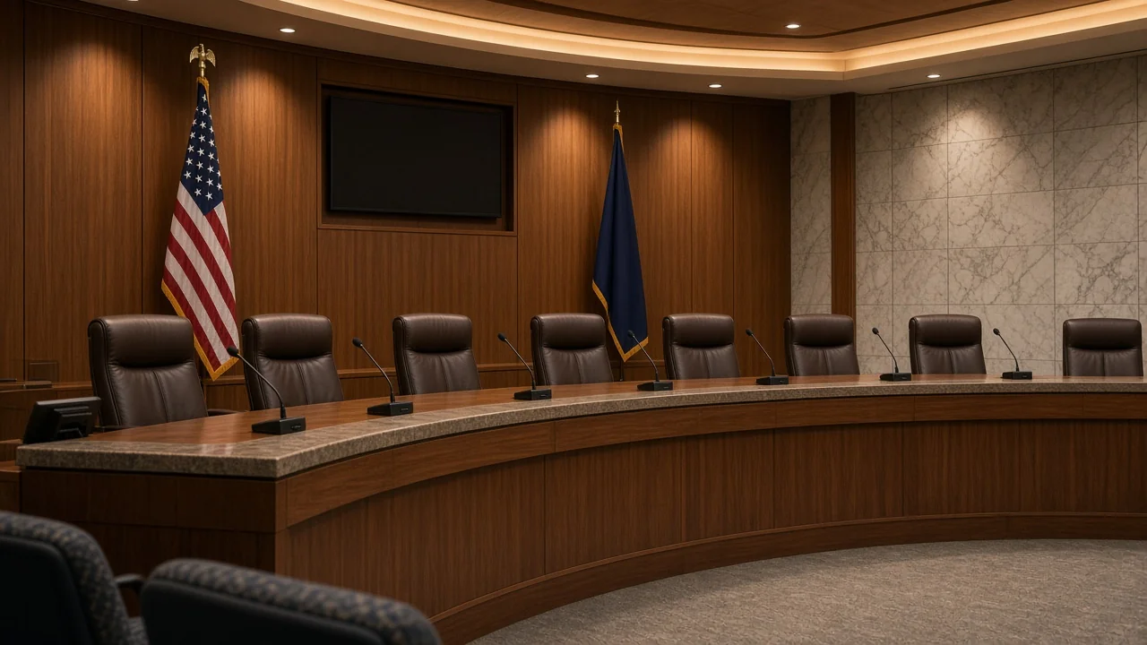 Representational twilight photograph of an empty civic hearing chamber with unlabeled microphones — not a photograph of a specific institution