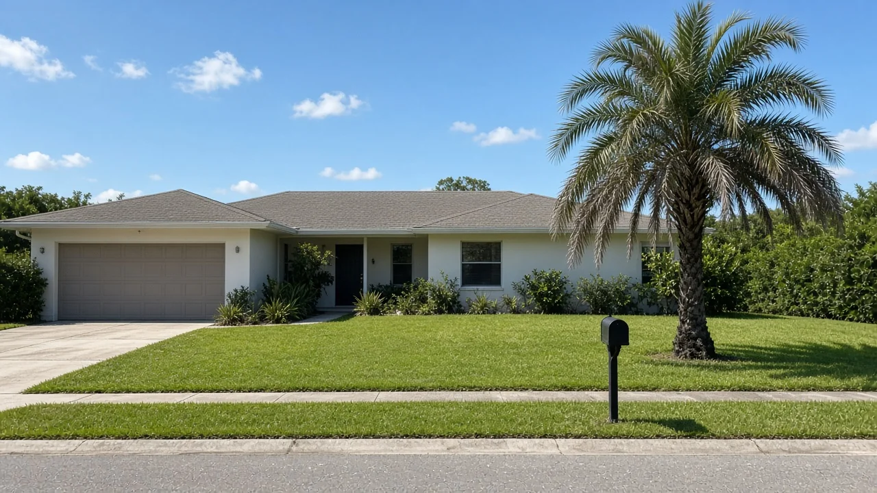 Representational mid-morning photograph of a generic Florida ranch, driveway, and unlabeled mailbox — not a listed property