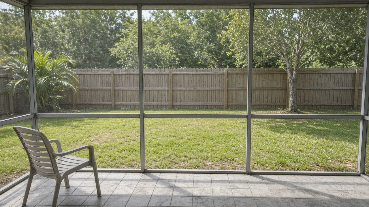 Representational photograph from inside a screened Florida lanai, with one empty chair and a backyard fence — not a listed property