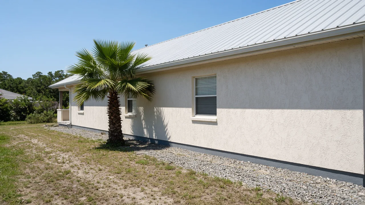 Representational midday photograph of a modest Florida house with a metal roof and a sabal palm, seen from the side yard — not a listed property