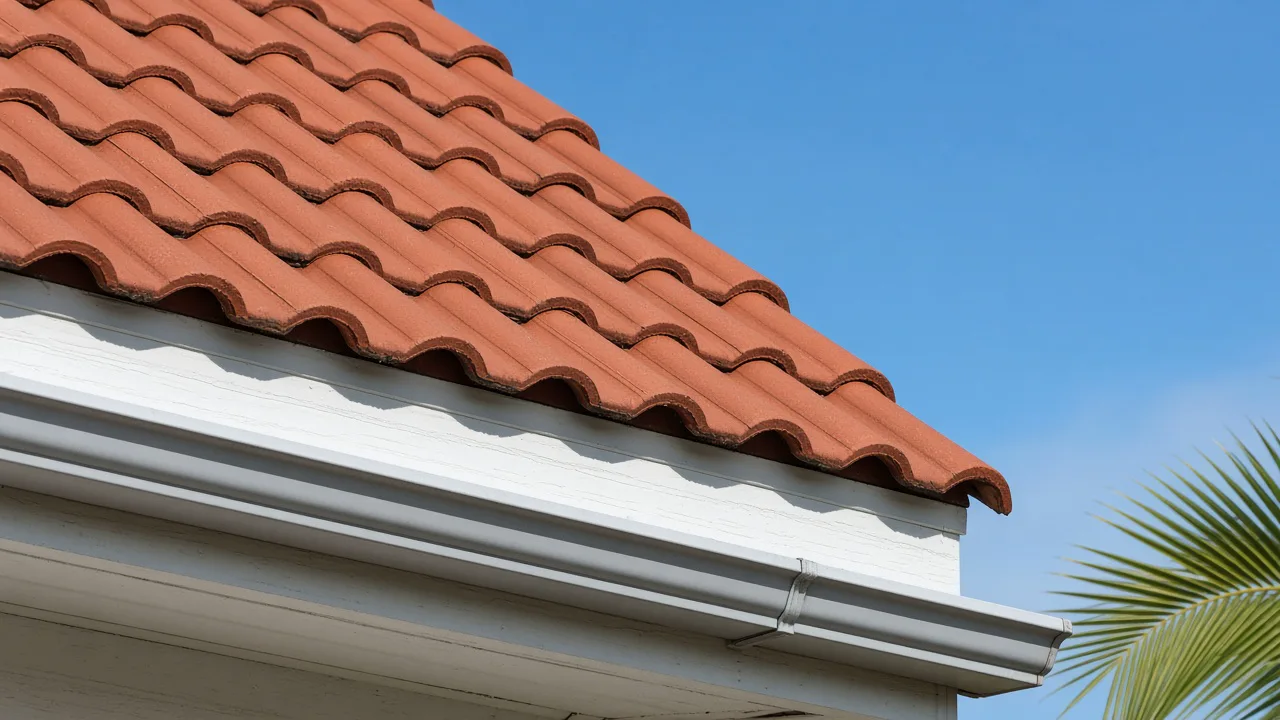Representational close photograph of a terracotta tile roof eave, gutter, and palm frond — not a listed property