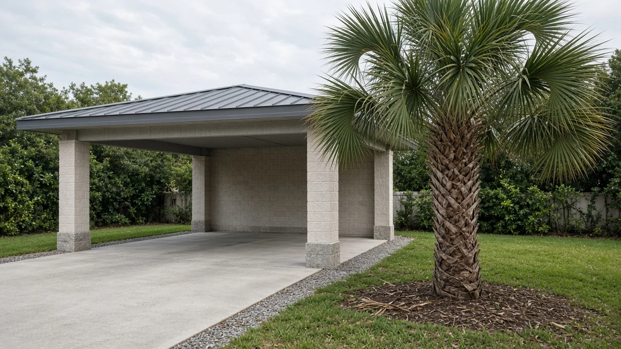 Representational early-morning photograph of an open carport, a sabal palm, and the side of a Florida house