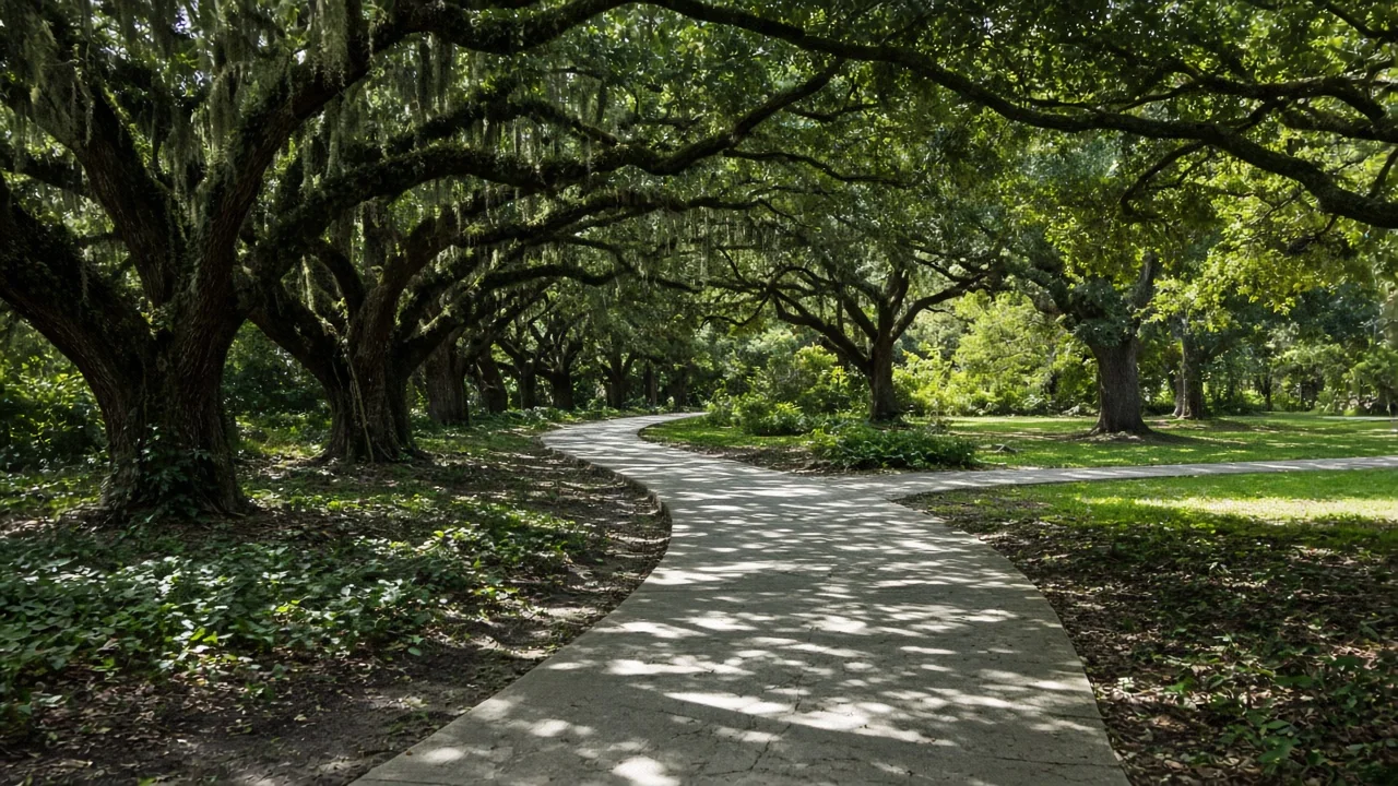 Representational photograph of a concrete walk under live-oak shade beside a Florida house