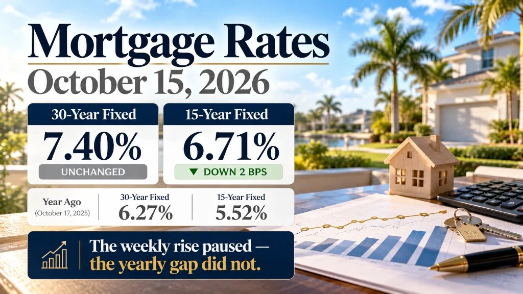 Mortgage rates October 15 2026: 30-year fixed 7.40 percent unchanged, 15-year fixed 6.71 percent.