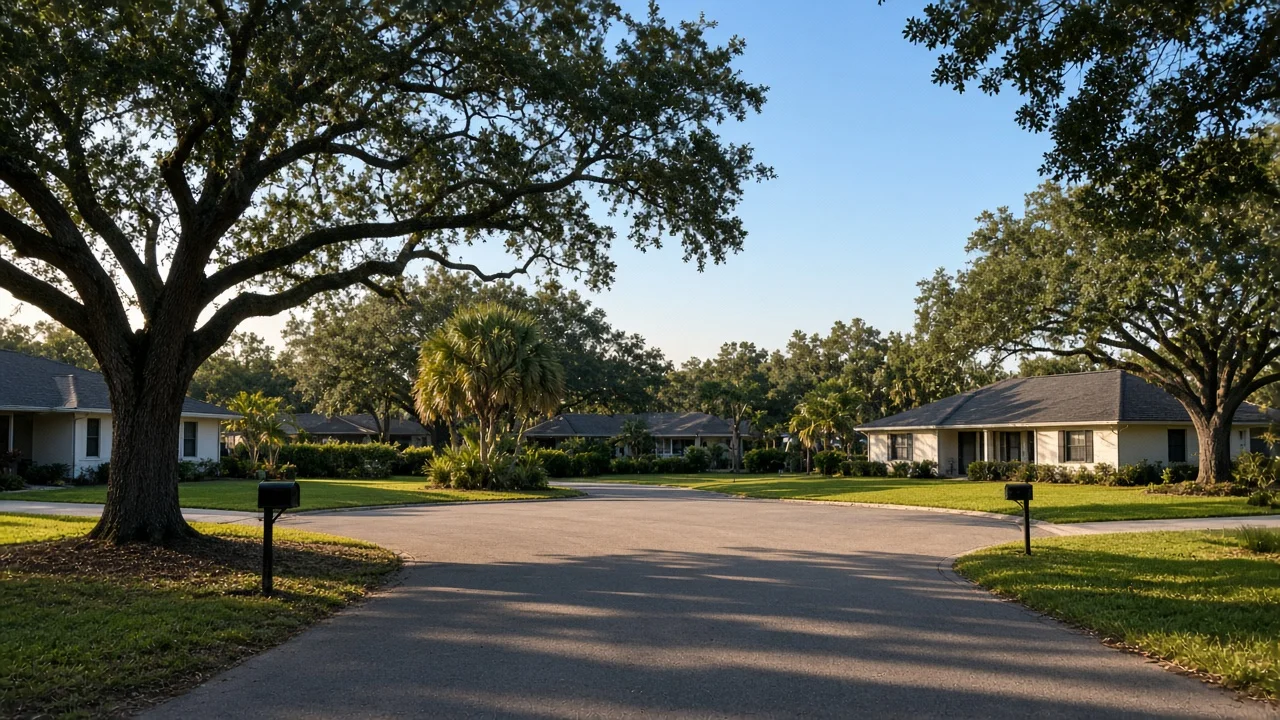 Representational photograph of an empty Florida suburban cul-de-sac with ranch houses and live oaks in late afternoon light