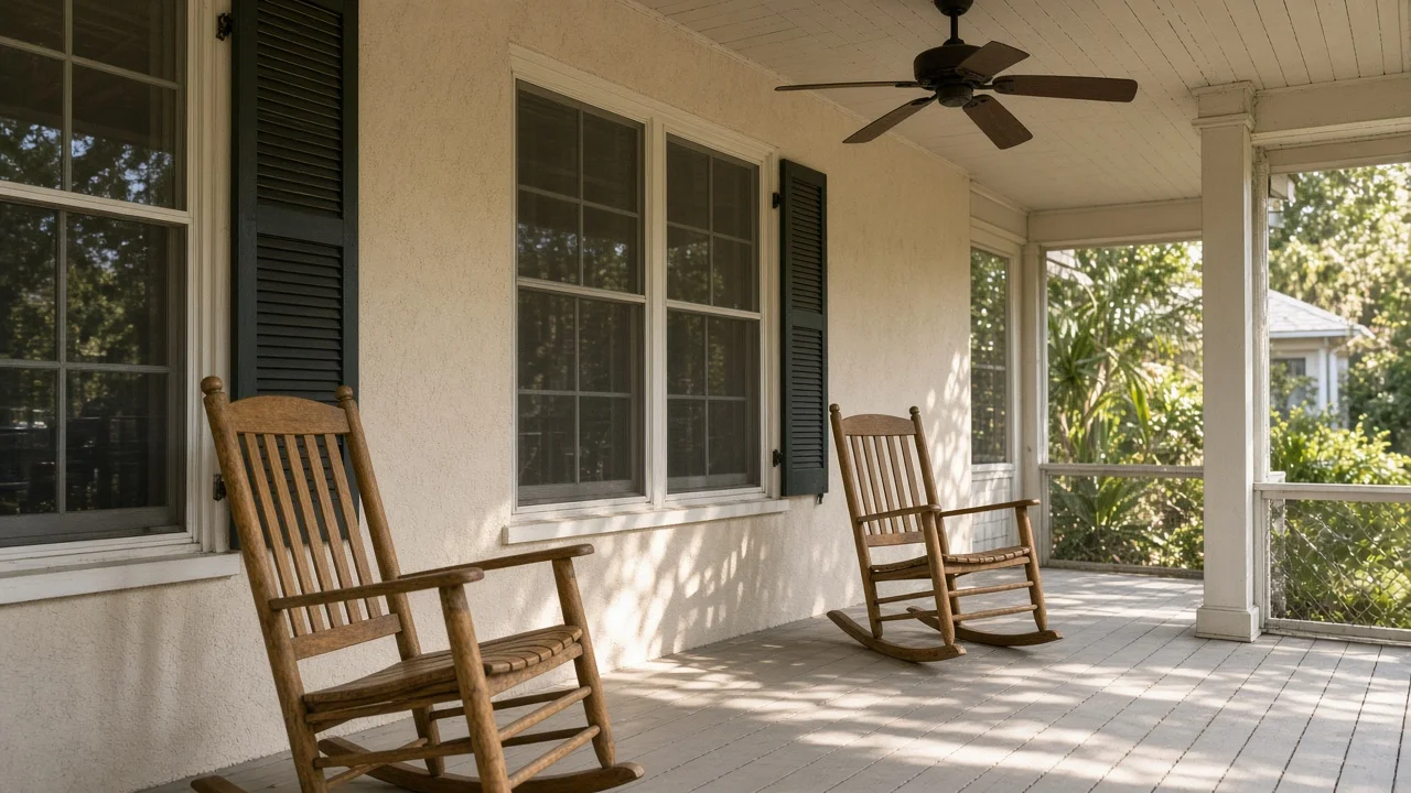 Representational photograph of a Florida front porch with empty rocking chairs and a ceiling fan in afternoon light