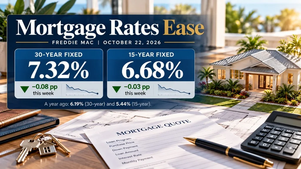 Mortgage rates ease October 22 2026: 30-year fixed 7.32 percent, 15-year fixed 6.68 percent.
