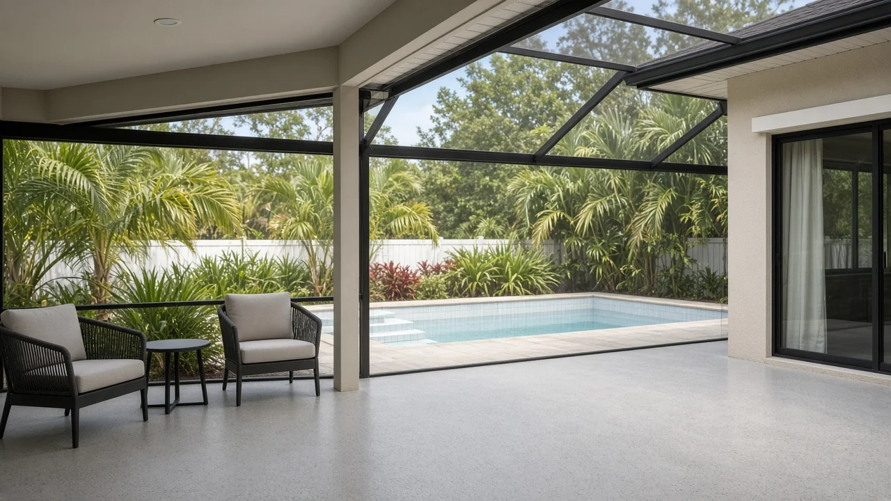 Representational photograph of a Florida screened lanai overlooking an empty backyard pool in morning light