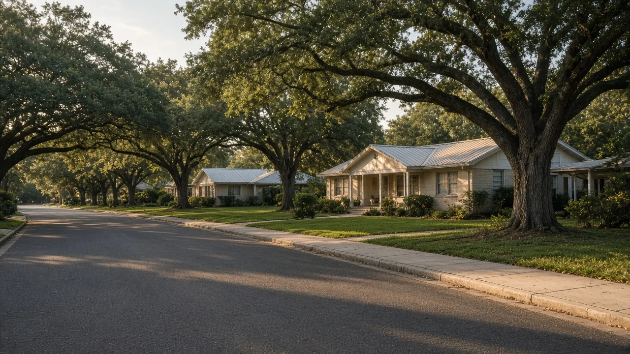 Representational photograph of an empty Florida suburban street with ranch houses and live oaks in early morning light