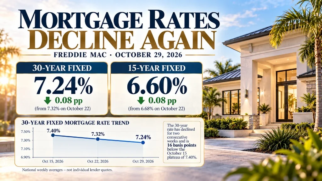 Mortgage rates decline again October 29 2026: 30-year fixed 7.24 percent, 15-year fixed 6.60 percent.