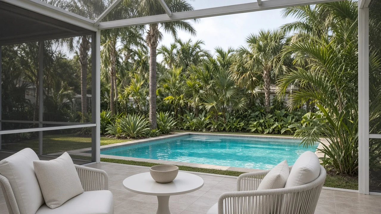 Representational photograph of a Florida screened lanai overlooking an empty backyard pool in morning light