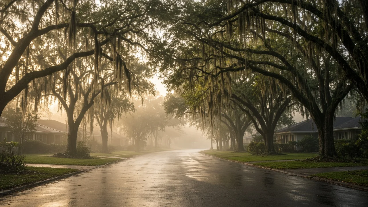 Representational photograph of an empty Florida suburban street with ranch houses and live oaks in early morning light