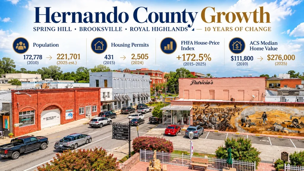 Historic Main Street in Brooksville, with Hernando County ten-year growth figures.