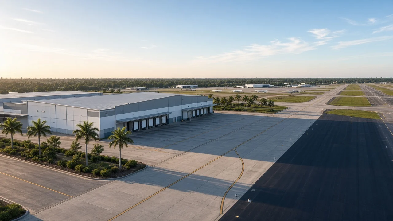 Airport industrial warehouse beside a runway in Florida morning light