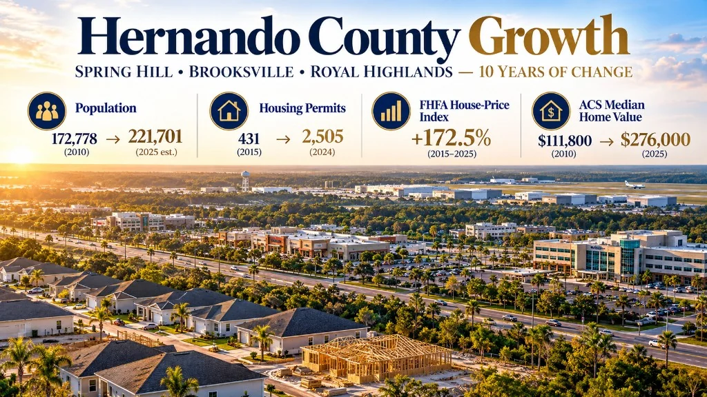 Hernando County growth over ten years: population 172,778 to 221,701, housing permits 431 to 2,505, house-price index up 172.5 percent.