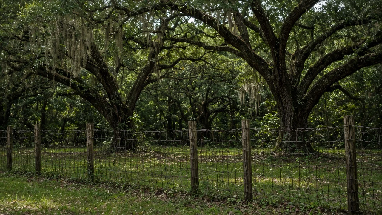 Representational late-morning photograph of a wire fence, live oaks, and open Florida pasture along a sandy shoulder
