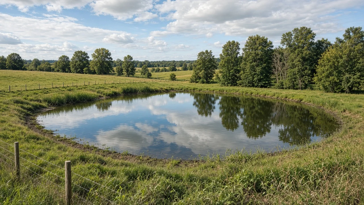 Representational photograph of a still retention pond at the edge of a Florida pasture, with sabal palms and no buildings