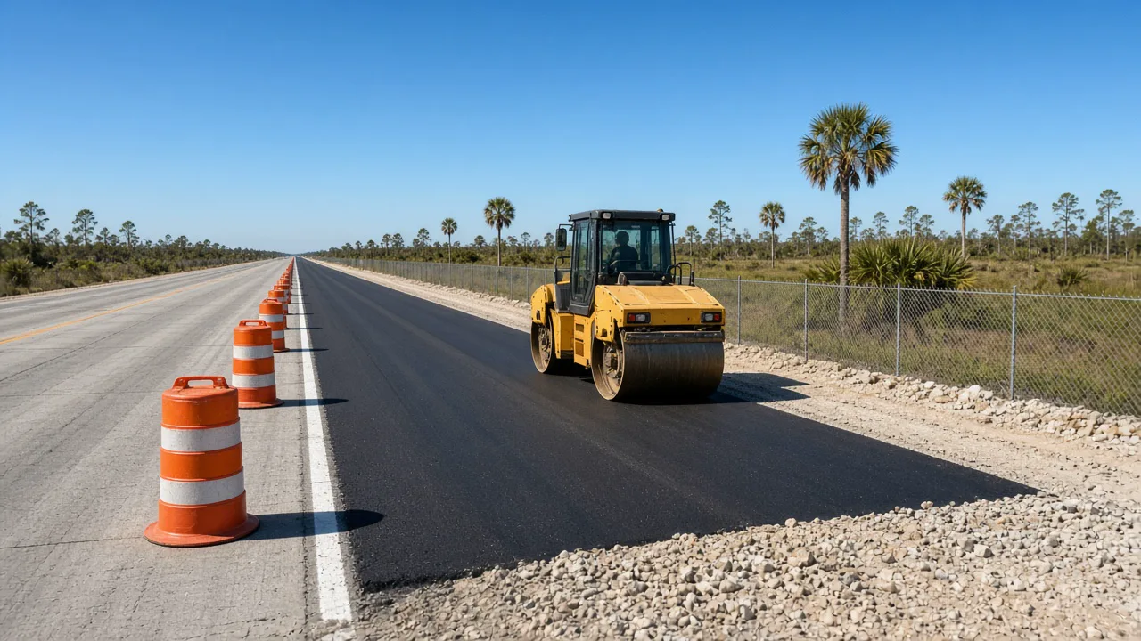 Representational late-morning photograph of a fresh asphalt lane being rolled beside an existing Florida interstate, with sabal palms beyond the fence — not a listed property