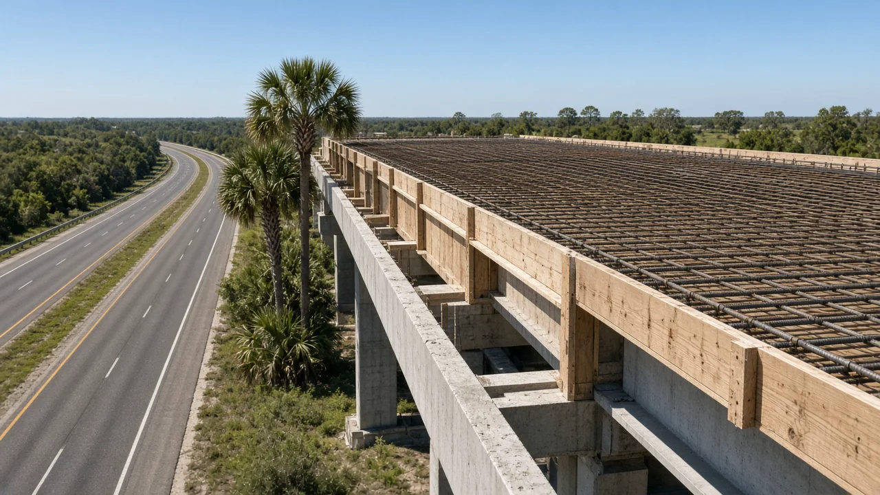 Representational midday photograph of an unfinished bridge deck of rebar and timber formwork beside a Florida interstate and sabal palms — not a listed property