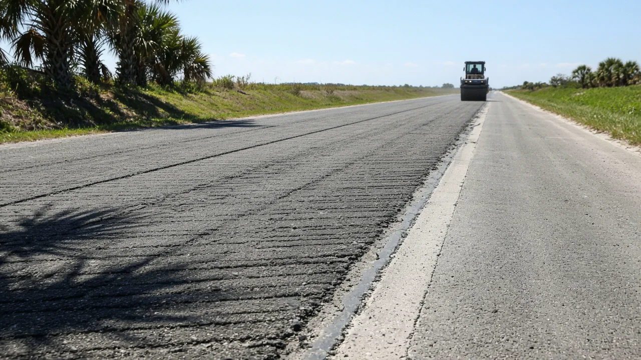 Representational midday photograph of milled asphalt beside an unmilled lane on a Florida highway, with a roller in the distance and palm shadows on the shoulder — not a listed property