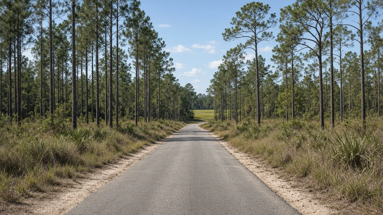 Representational midday photograph of a two-lane road through longleaf pine flatwoods in unincorporated Florida — not a listed property