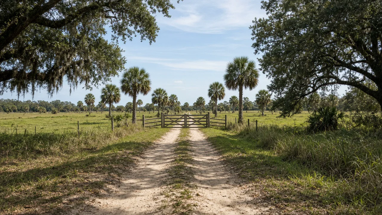 Representational late-morning photograph of a sandy farm lane and a wooden gate between pastures and cabbage palms — not a listed property