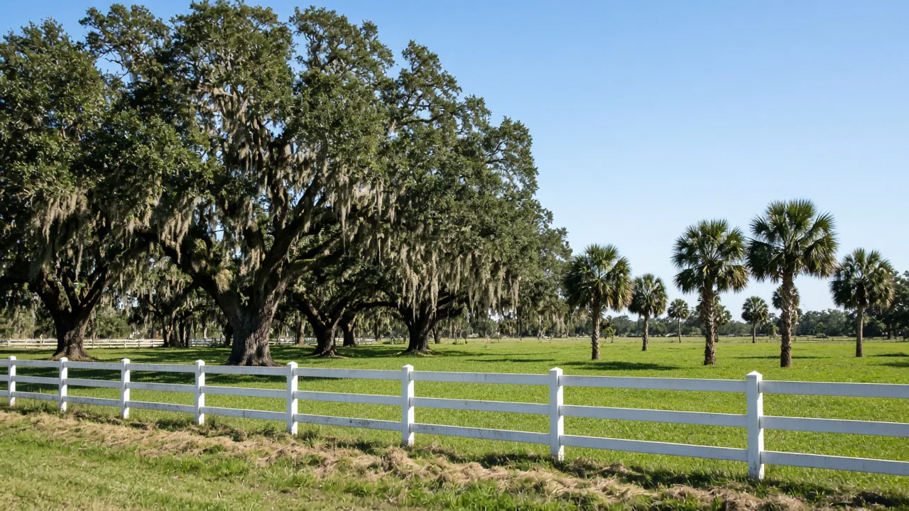 Representational late-morning photograph of a white rail fence, live oaks, and sabal palms on an unincorporated Florida pasture — not a listed property