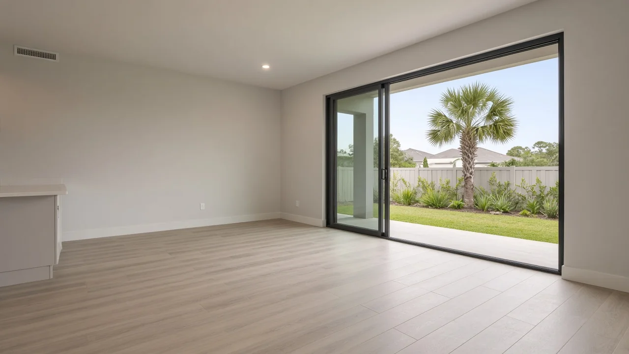 Representational late-afternoon photograph of an empty new-construction Florida great room with a sliding door open to a bright yard — not a listed property