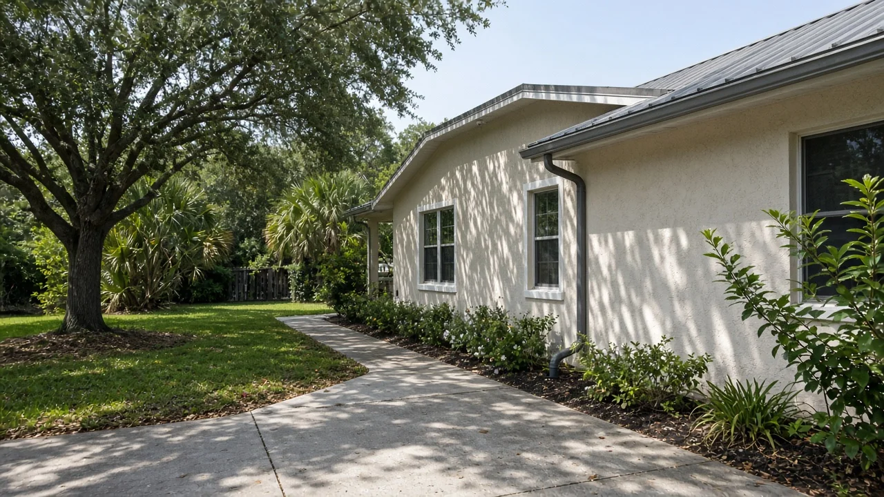 Representational midday photograph of a cream Florida ranch house side yard with metal roof edge and live-oak shade — not a listed property