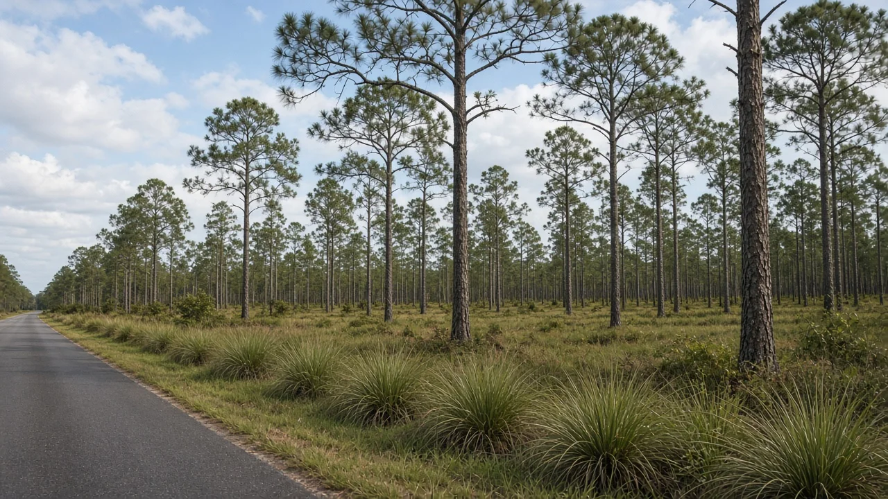 Representational late-morning photograph of longleaf pine and wiregrass along a two-lane Florida road
