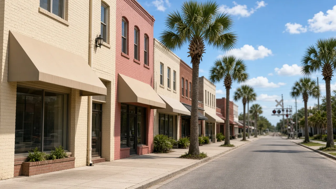 Representational midday photograph of a small-city brick commercial street with sabal palms and a distant railroad crossing — not a listed Plant City property