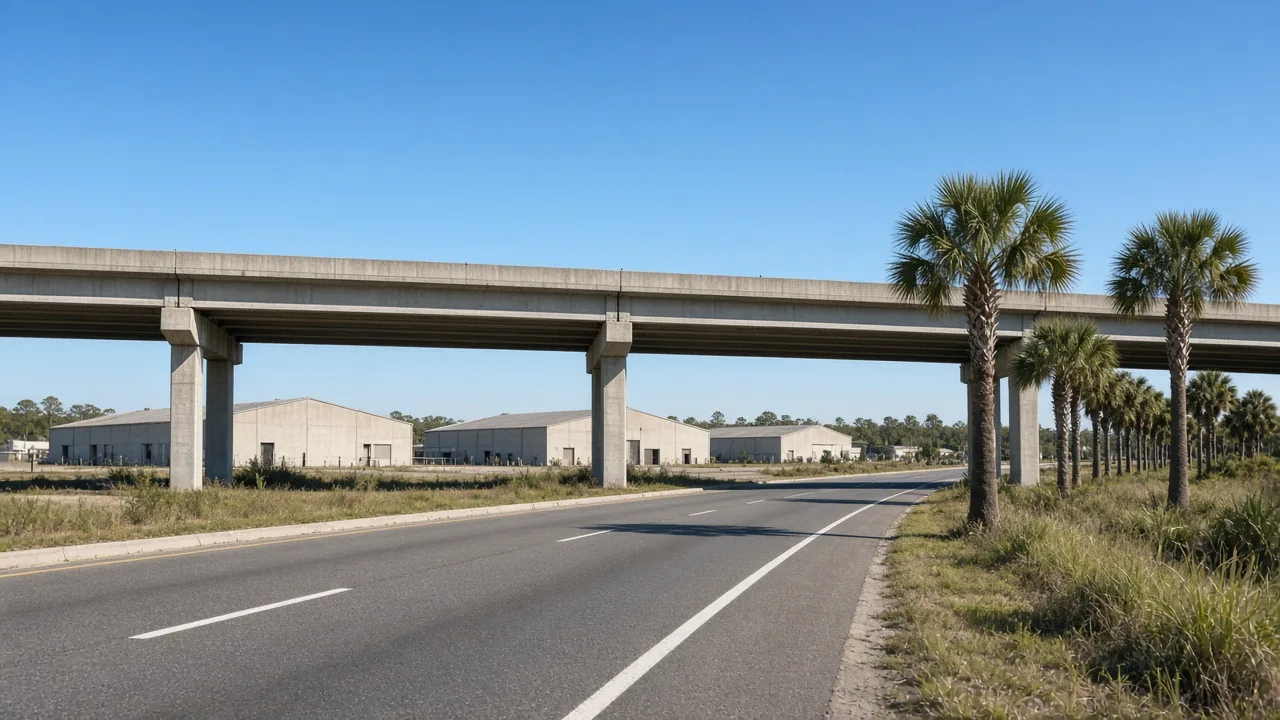 Representational late-morning photograph of a frontage road running under a concrete interstate viaduct toward low warehouse roofs and sabal palms — not a listed property