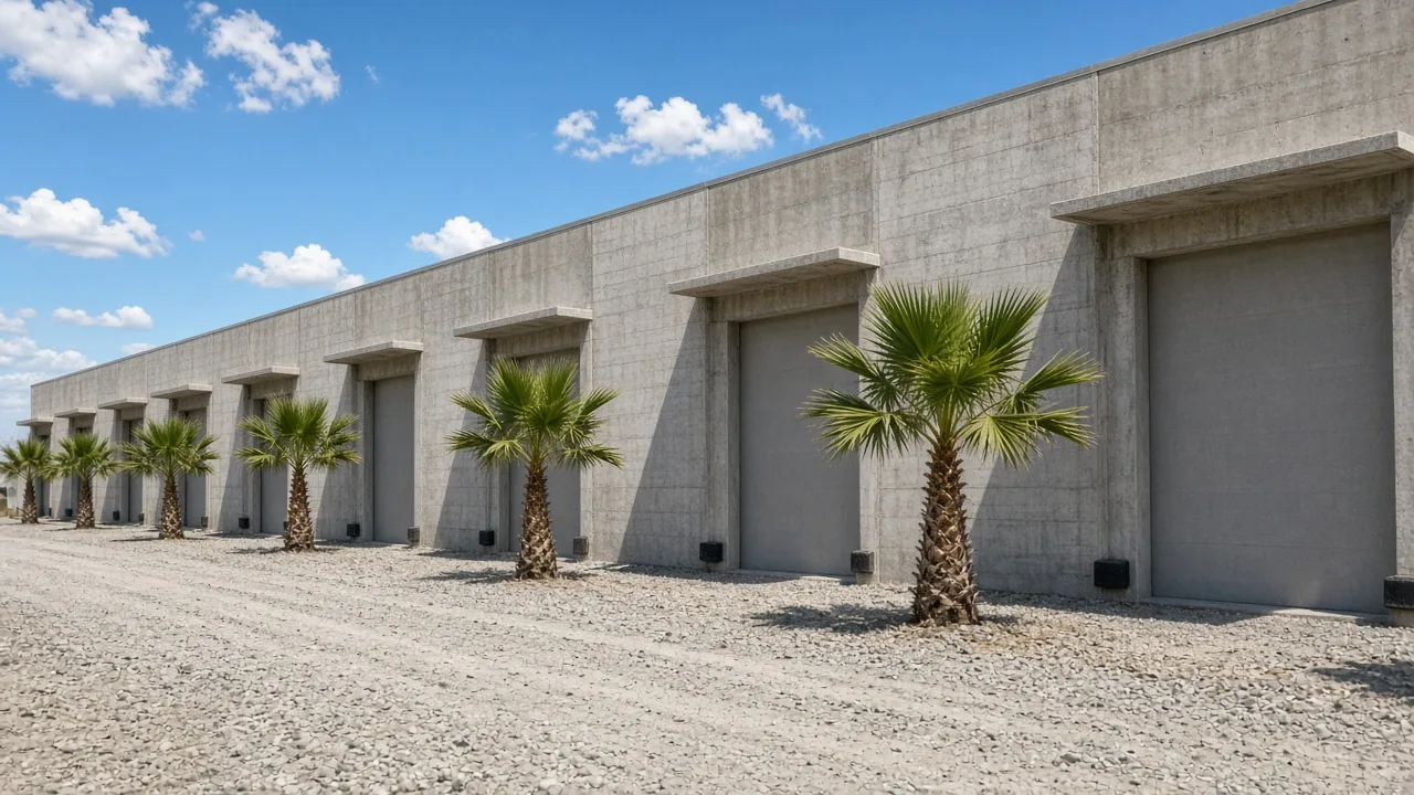 Representational midday photograph of closed concrete warehouse dock doors and young sabal palms on a gravel apron — not a listed property