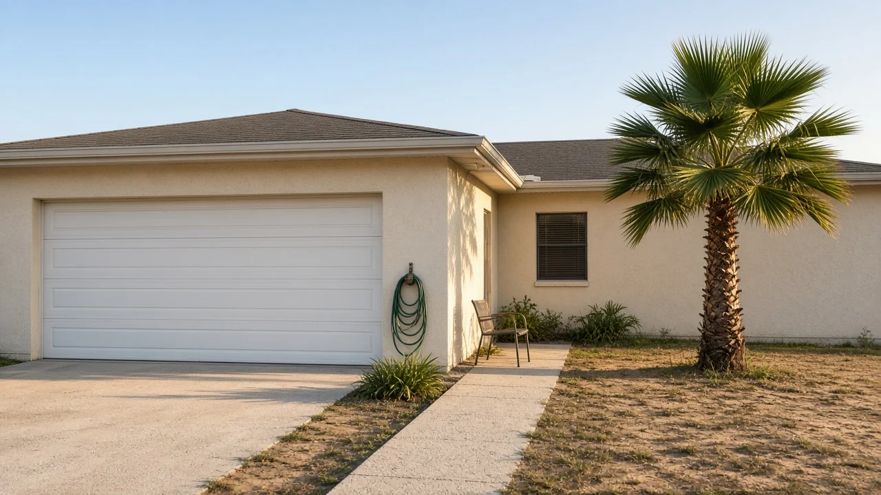 Representational early-morning photograph of a Florida stucco house, a closed garage, and an empty patio chair