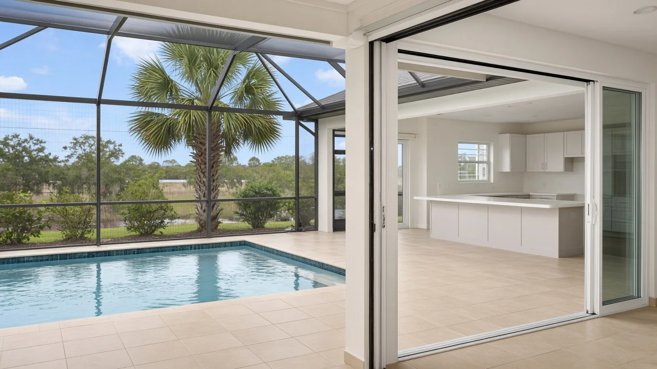 Representational photograph of an empty Florida kitchen seen from a screened pool cage