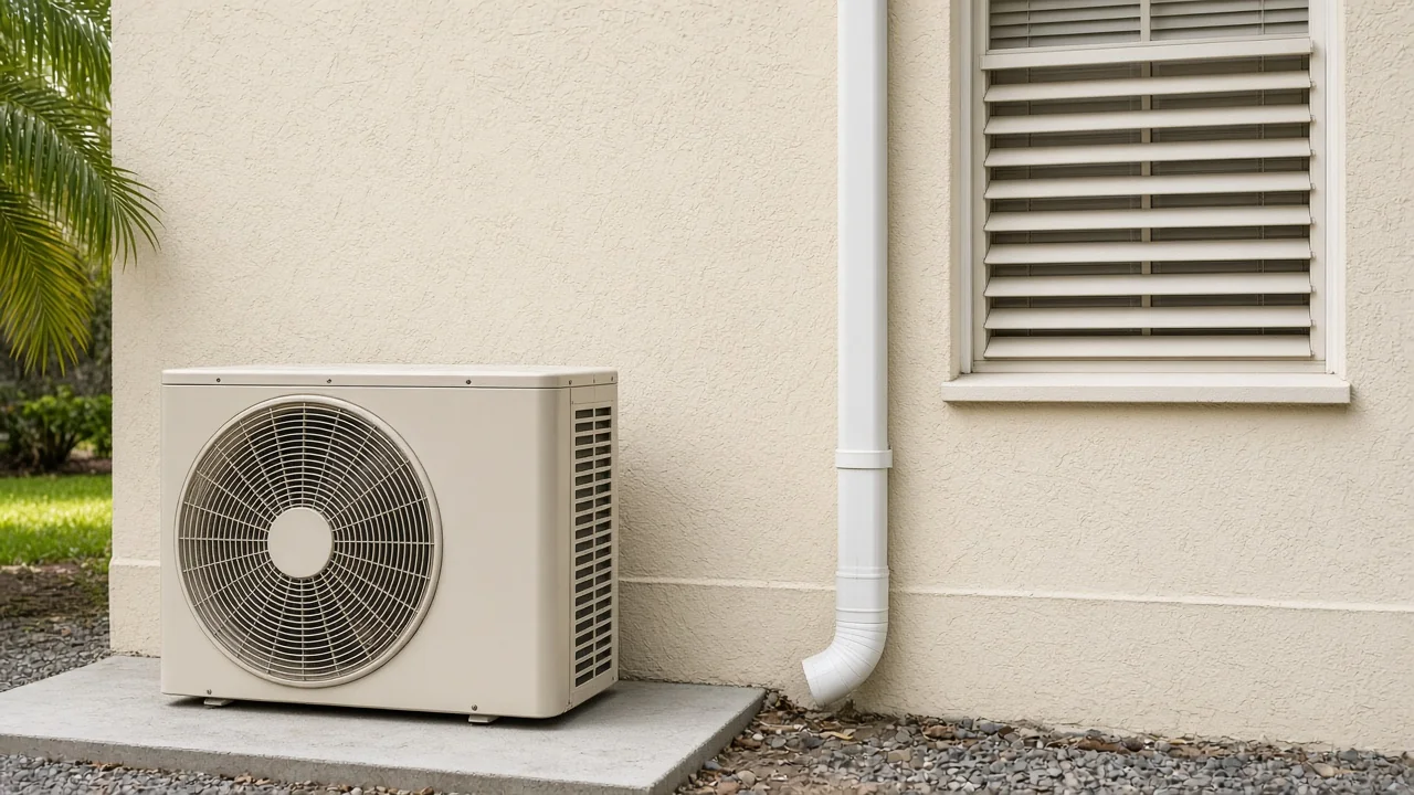An outdoor air-conditioning condenser on a concrete pad beside a stucco wall, a downspout, and a louvered window.