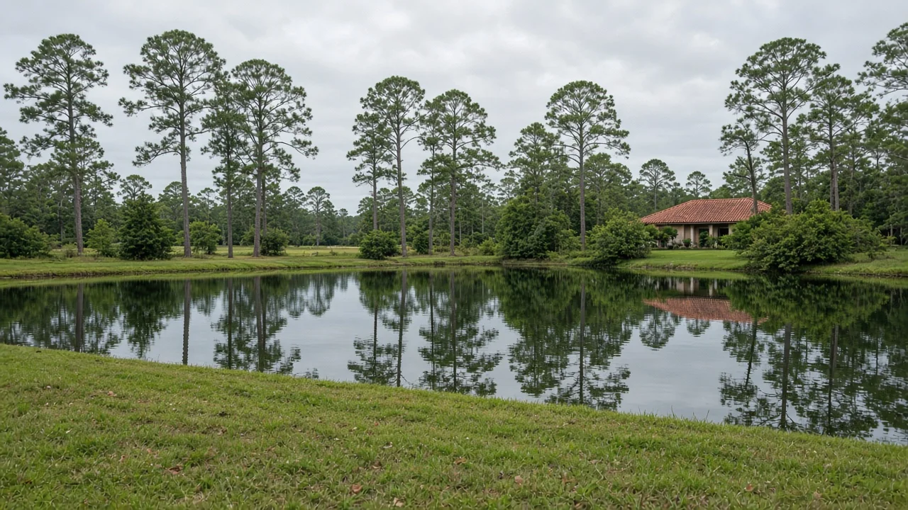 A still pond reflecting slash pines and the clay-tile roof of a single-story house.