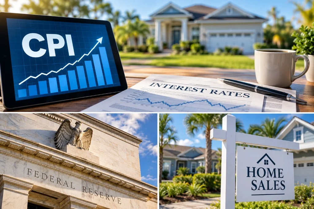 A collage of a consumer-price chart, the Federal Reserve building, and a home-sales sign