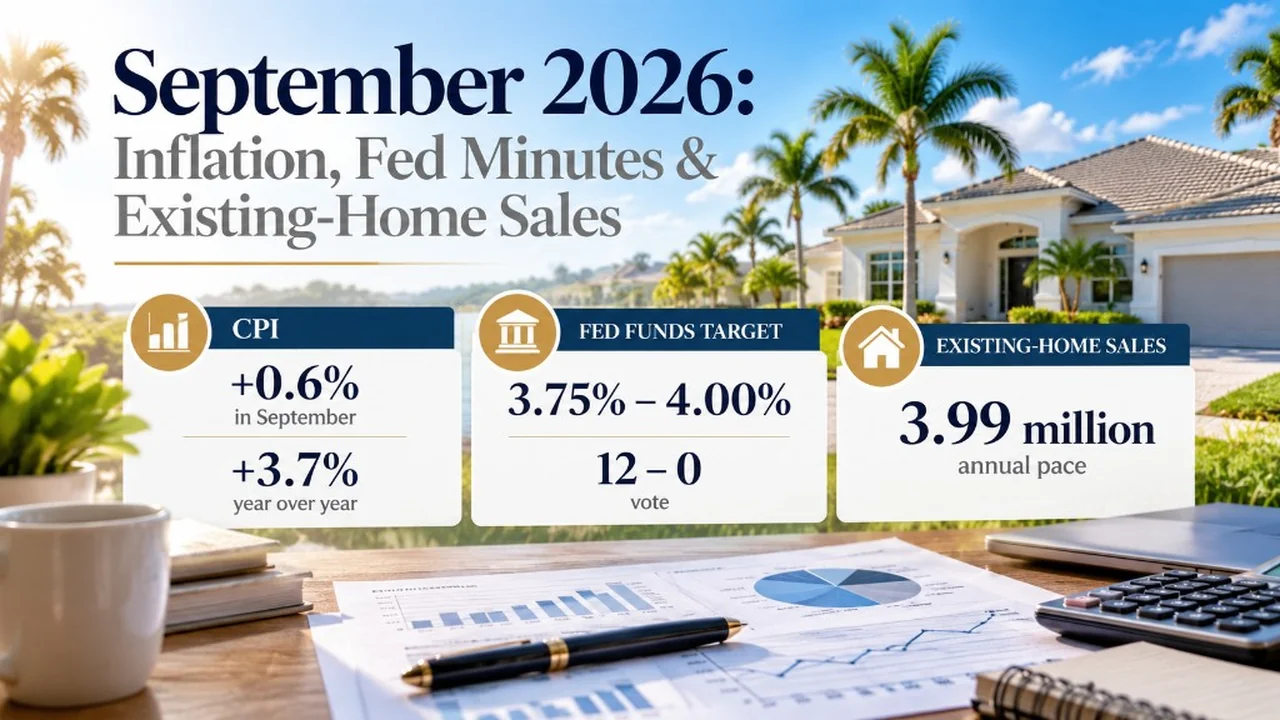 September 2026 graphic: consumer prices rose 0.6 percent, the Fed funds target is 3.75 to 4.00 percent, and existing homes sold at a 3.99 million pace.
